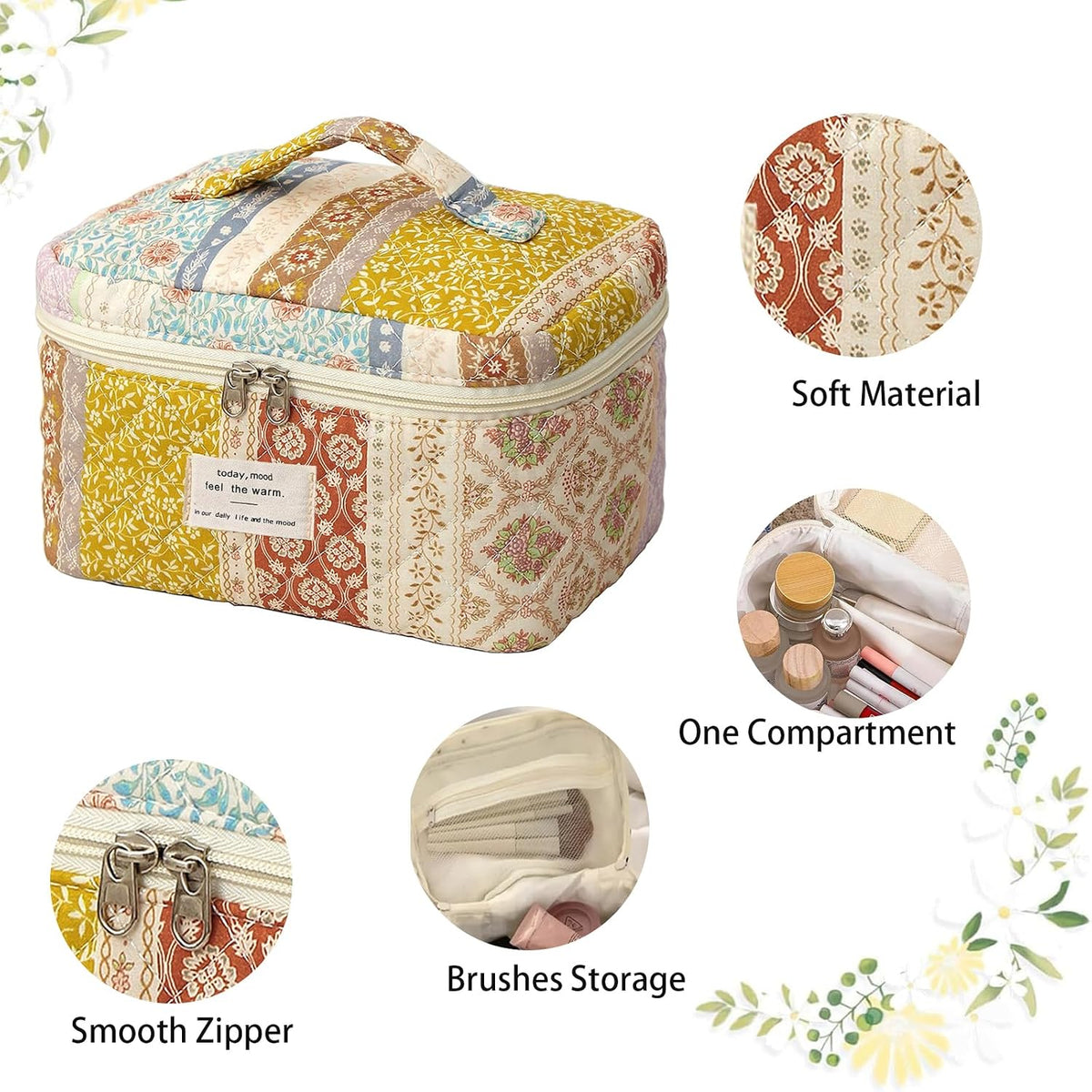 Large Makeup Bag, Cute Cosmetic Bags for Women, Floral Quilted Makeup Bag, Coquette Aesthetic Toiletry Bag,Travel Makeup Organizer Bags