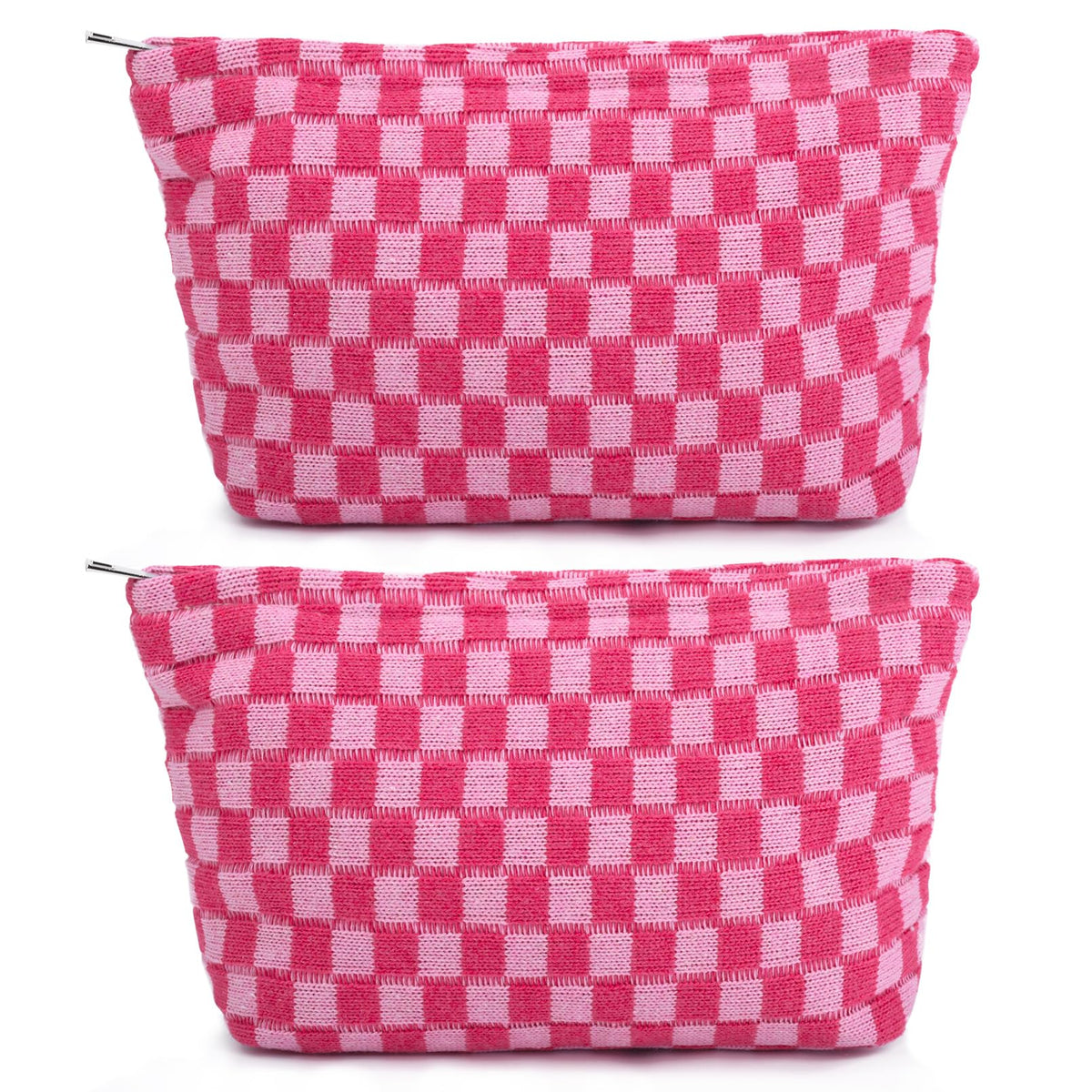 SOIDRAM 2 Pieces Makeup Bag Large Checkered Cosmetic Bag Capacity Canvas Mix Travel Toiletry Bag Organizer Cute Makeup Brushes Aesthetic Accessories Storage Bag for Women, Checkered Mix Rose Red