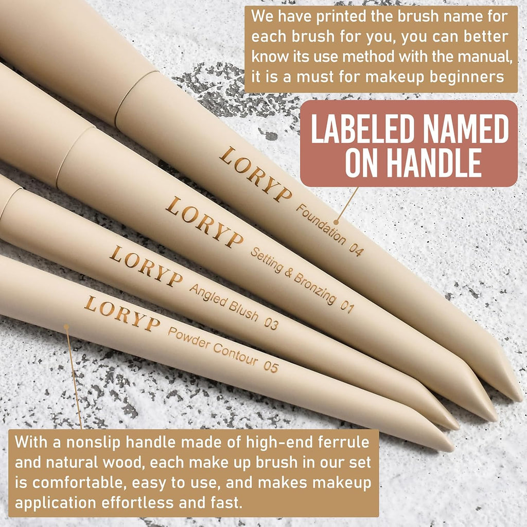 LORYP Makeup Brushes Set Labeled 18 Piece Face and Eye Brush Set Ultra soft hair Foundation, Concealer, Blush, Contour, Blending, Eyeshadow Khaki Brush kit