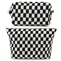 SOIDRAM 2 Pieces Makeup Bag Large Checkered Cosmetic Bag Capacity Canvas Mix Travel Toiletry Bag Organizer Cute Makeup Brushes Aesthetic Accessories Storage Bag for Women, Checkered Mix Rose Red
