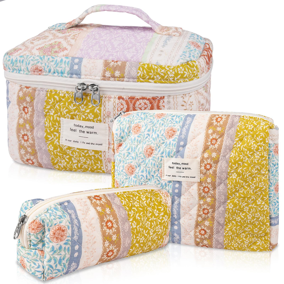 Gosect Makeup Bag, Large Quilted Cosmetic Bag, Big Floral Make Up Bag for Women Girls, Cute Cotton Makeup Bag Set, Flower Travel Toiletry Organizer Bag (Blue Flower)