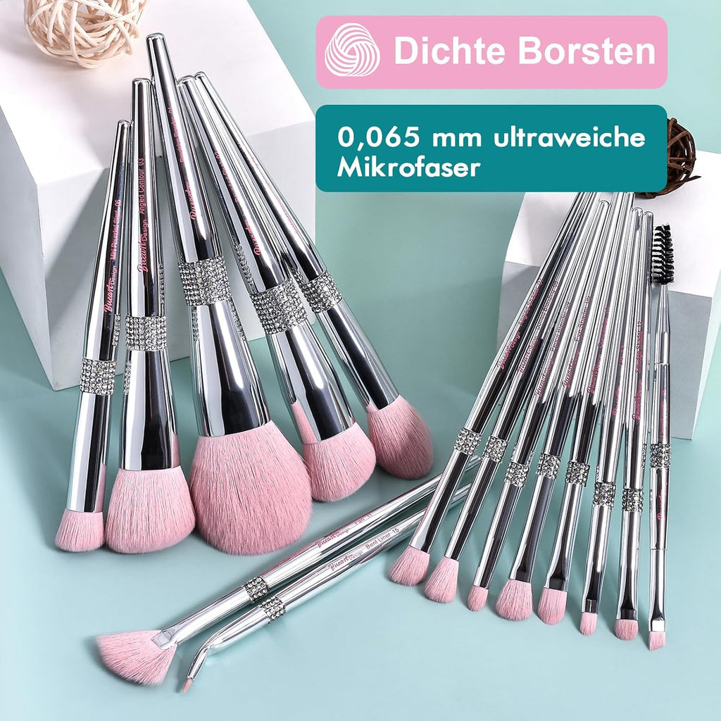 Bueart Design 15Pcs Labeled Makeup Brushes Set with Elegant Pink Holder
