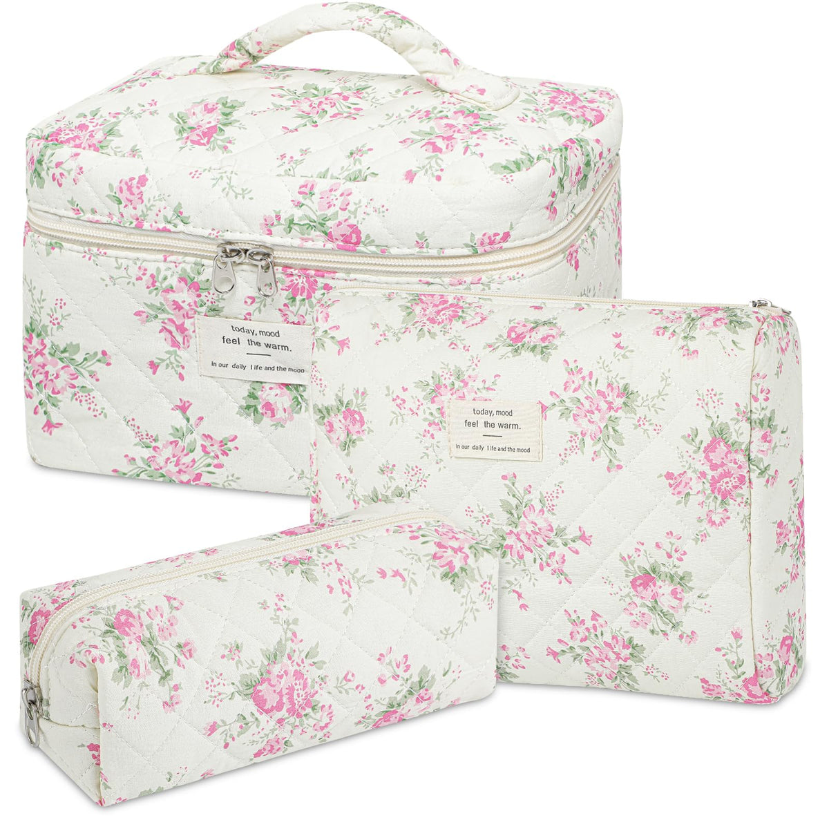 senbowe Floral Makeup Bag, 3 Pack Large Cotton Quilted Makeup Bag Set, Cute Floral Coquette Aesthetic Toiletry Bag Make Up Cosmetic Bag for Women, Toiletry Travel Make Up Organizer Bag