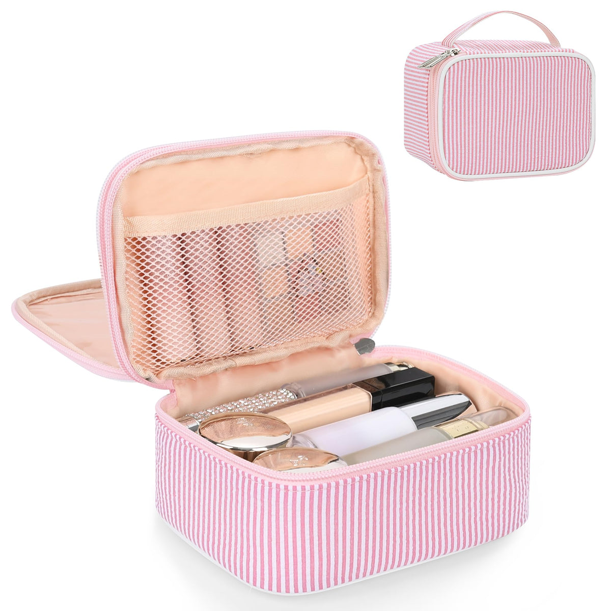 Relavel Travel Makeup Bag, Small Floral Cosmetic Bag with Makeup Brush Compartment, Portable Makeup Pouch for Women, Double Layer Makeup Organizer Bag Cute Toiletry Bag