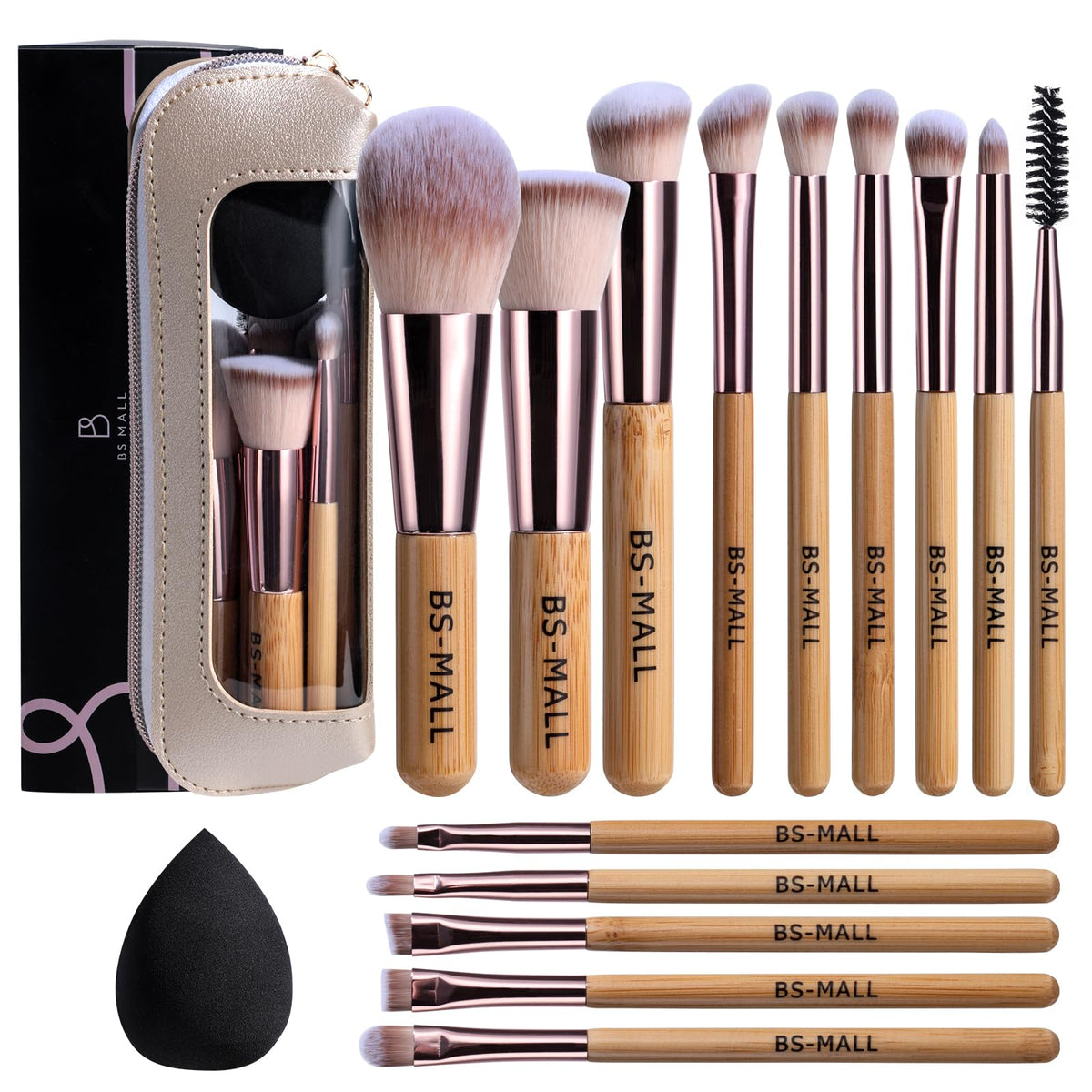Travel Makeup Brush Set with Case & Sponge for Foundation Powder Blush 14