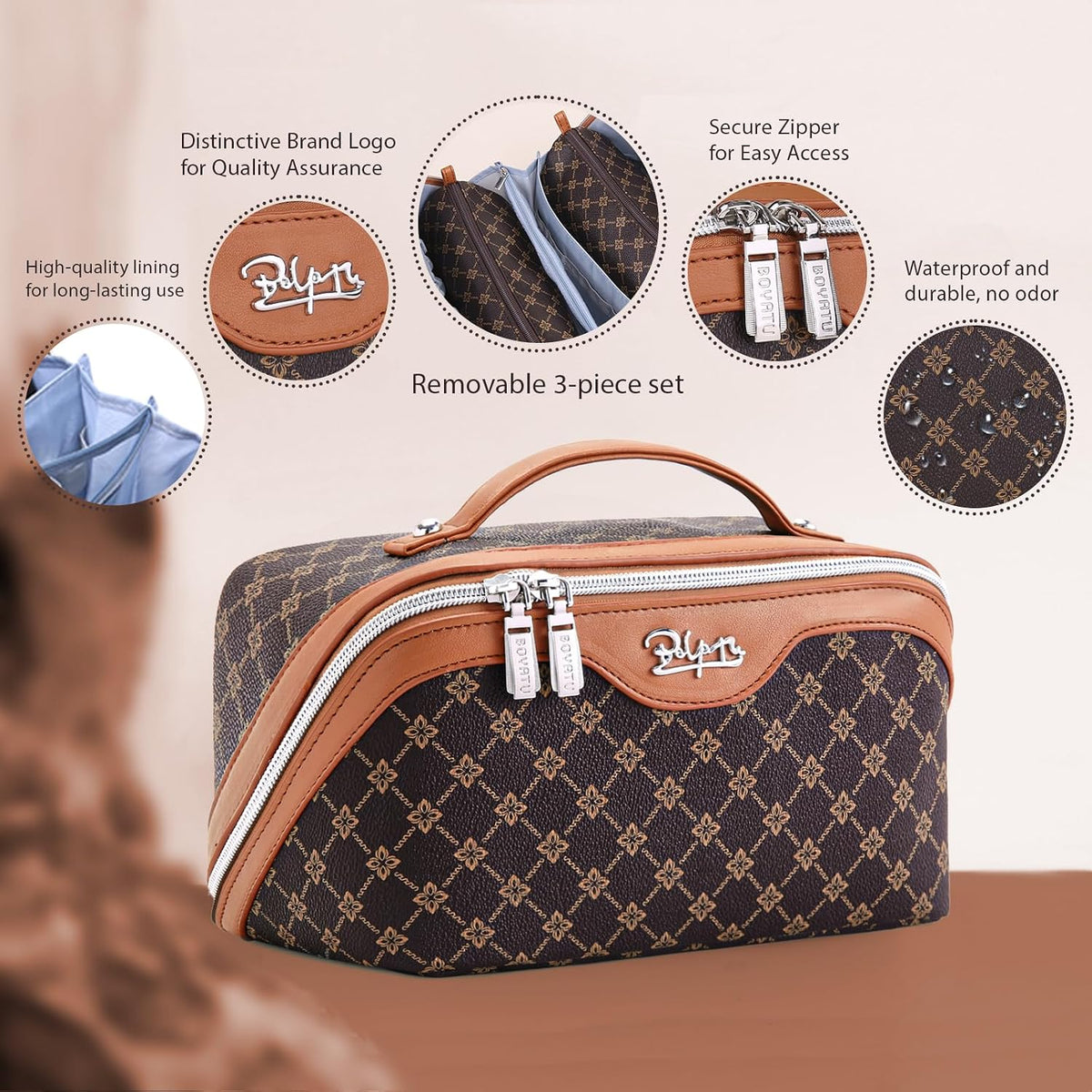 BOYATU Travel Makeup Bag Cosmetic Bags for Women: 3-Piece Make up Bag Set