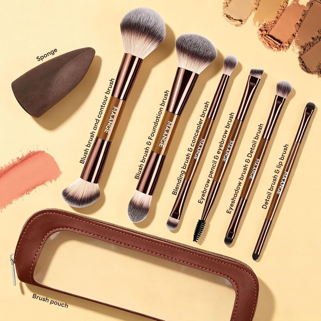 MAANGE 6Pcs Double Ended Makeup Brush Set with Makeup Sponge & Travel Bag