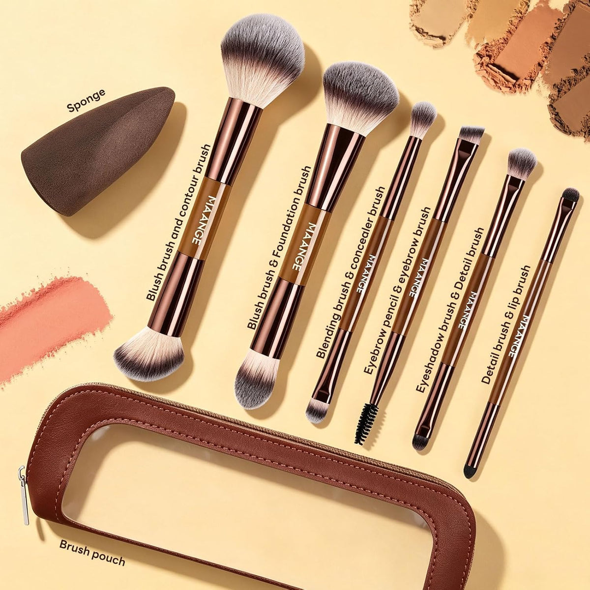 MAANGE 6Pcs Double Ended Makeup Brush Set with Makeup Sponge & Travel Bag