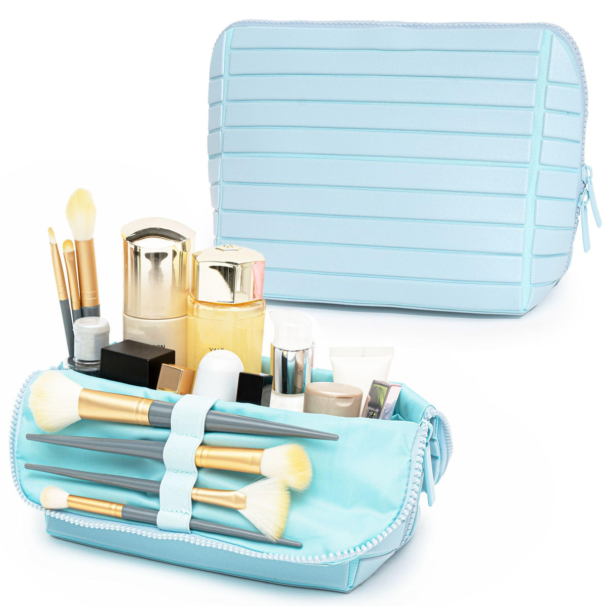 Minoisome Travel Makeup Bag,PU leather toiletry bag,make up organizer case for women,Large Capacity Cosmetic Bag,Wide-open Pouch Purse，Toiletries Accessories，Fold-Down Design and Adjustable Dividers.