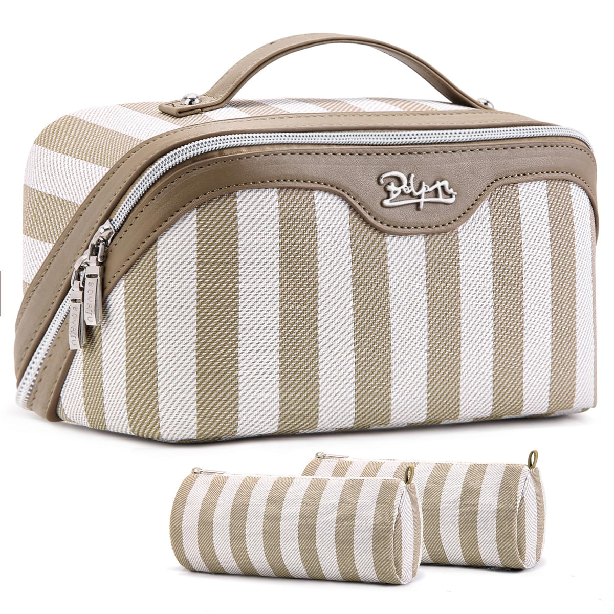 BOYATU Travel Makeup Bag for Women: 3 Pcs Set Striped Make up Bag,Blue