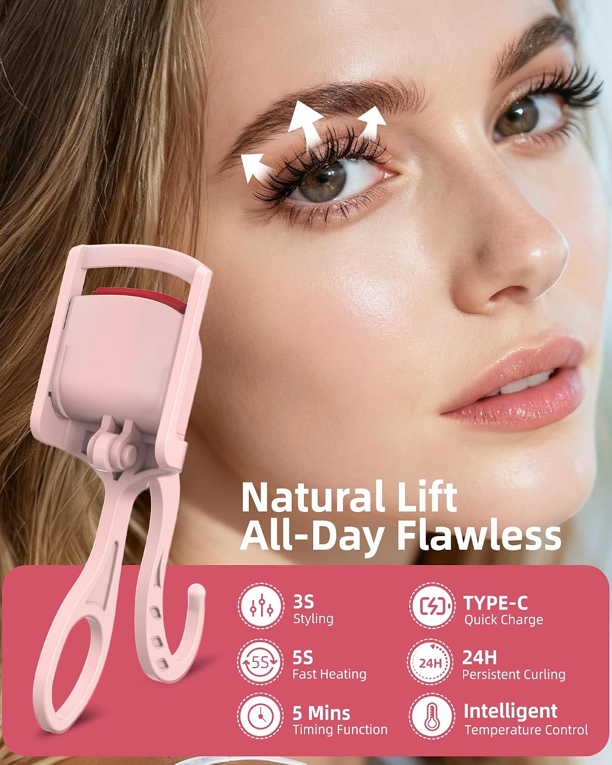 Heated Eyelash Curler,24H Long-Lasting Curls &Safe Anti-Burn (Pink)