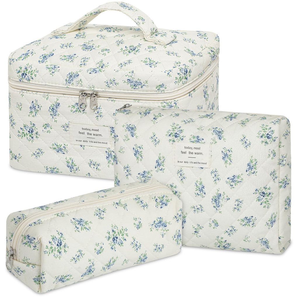 senbowe Floral Makeup Bag, 3 Pack Large Cotton Quilted Makeup Bag Set, Cute Floral Coquette Aesthetic Toiletry Bag Make Up Cosmetic Bag for Women, Toiletry Travel Make Up Organizer Bag
