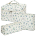 senbowe Floral Makeup Bag, 3 Pack Large Cotton Quilted Makeup Bag Set, Cute Floral Coquette Aesthetic Toiletry Bag Make Up Cosmetic Bag for Women, Toiletry Travel Make Up Organizer Bag