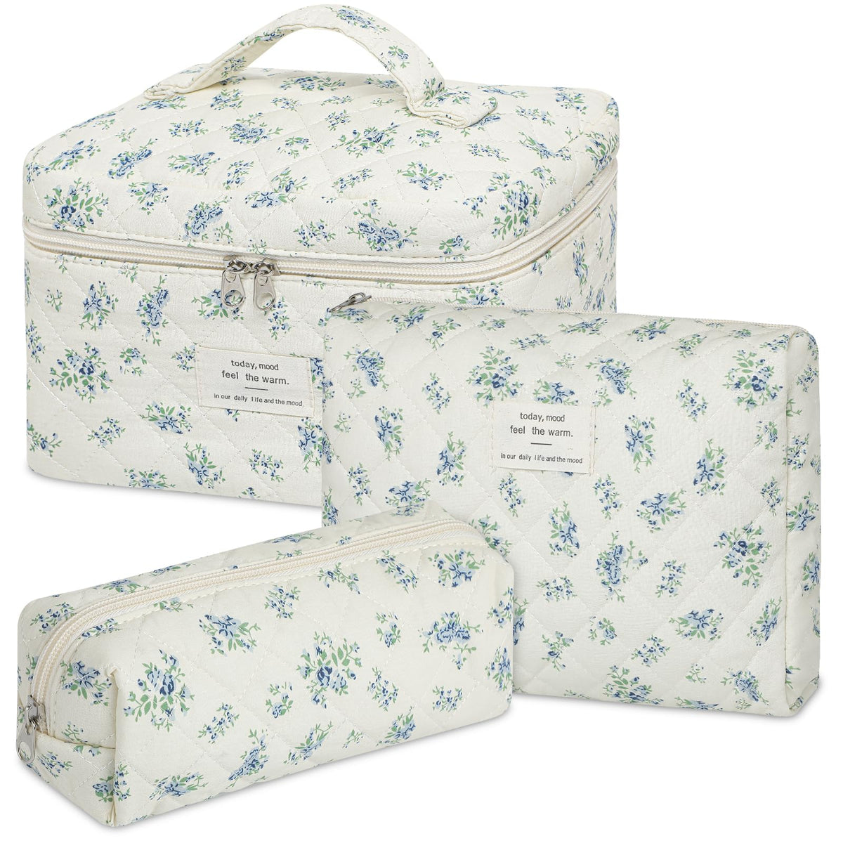 senbowe Floral Makeup Bag, 3 Pack Large Cotton Quilted Makeup Bag Set, Cute Floral Coquette Aesthetic Toiletry Bag Make Up Cosmetic Bag for Women, Toiletry Travel Make Up Organizer Bag