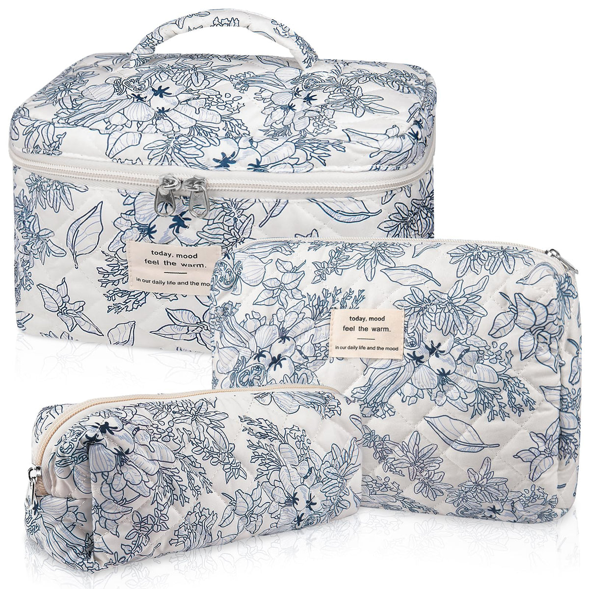 Gosect Makeup Bag, Large Quilted Cosmetic Bag, Big Floral Make Up Bag for Women Girls, Cute Cotton Makeup Bag Set, Flower Travel Toiletry Organizer Bag (Blue Flower)
