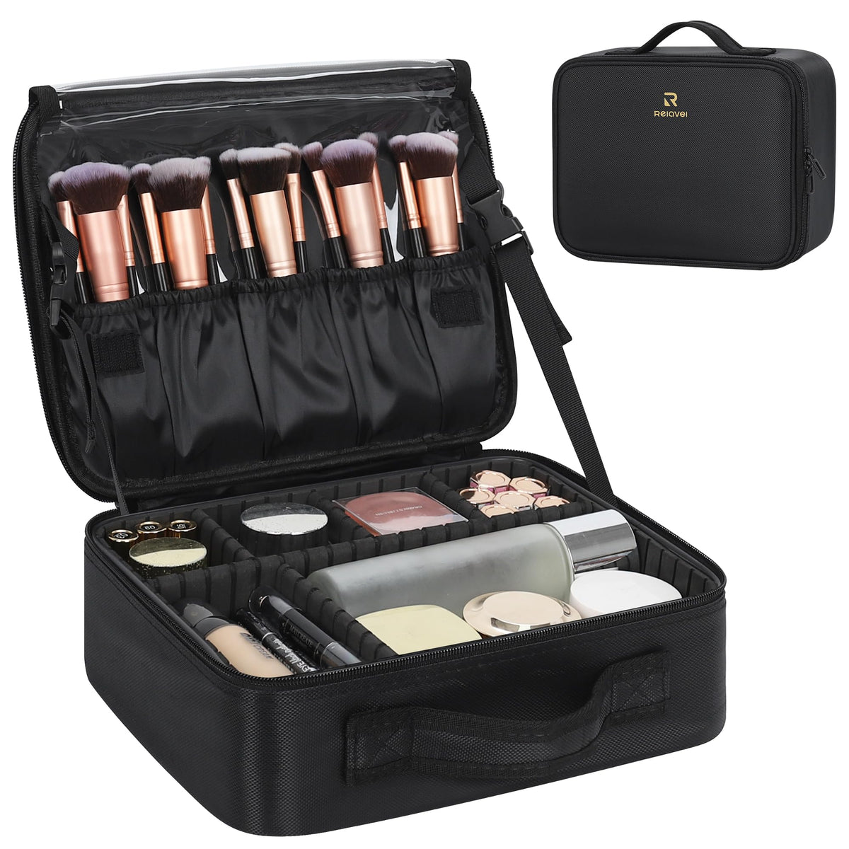Relavel Travel Makeup Train Case Makeup Cosmetic Case Organizer Portable Artist Storage Bag with Adjustable Dividers for Cosmetics Makeup Brushes Toiletry Jewelry Digital Accessories Black