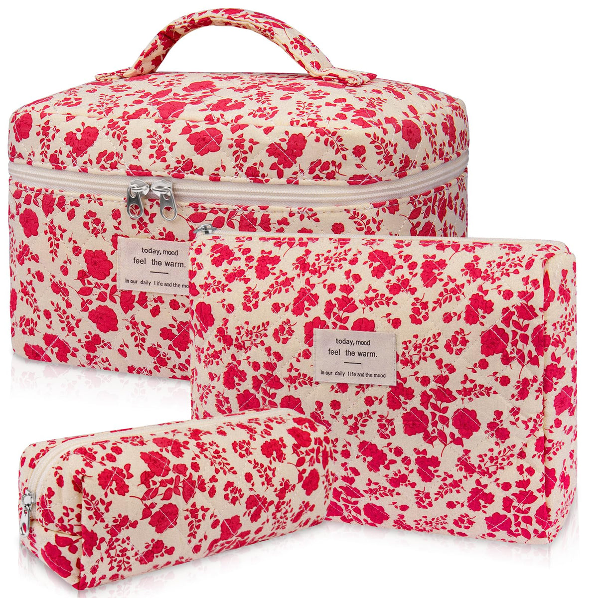 Gosect Makeup Bag, Large Quilted Cosmetic Bag, Big Floral Make Up Bag for Women Girls, Cute Cotton Makeup Bag Set, Flower Travel Toiletry Organizer Bag (Blue Flower)