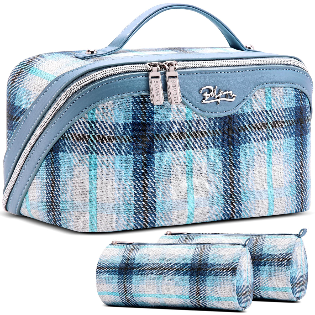 BOYATU Travel Makeup Bag for Women: 3 Pcs Set Striped Make up Bag,Blue