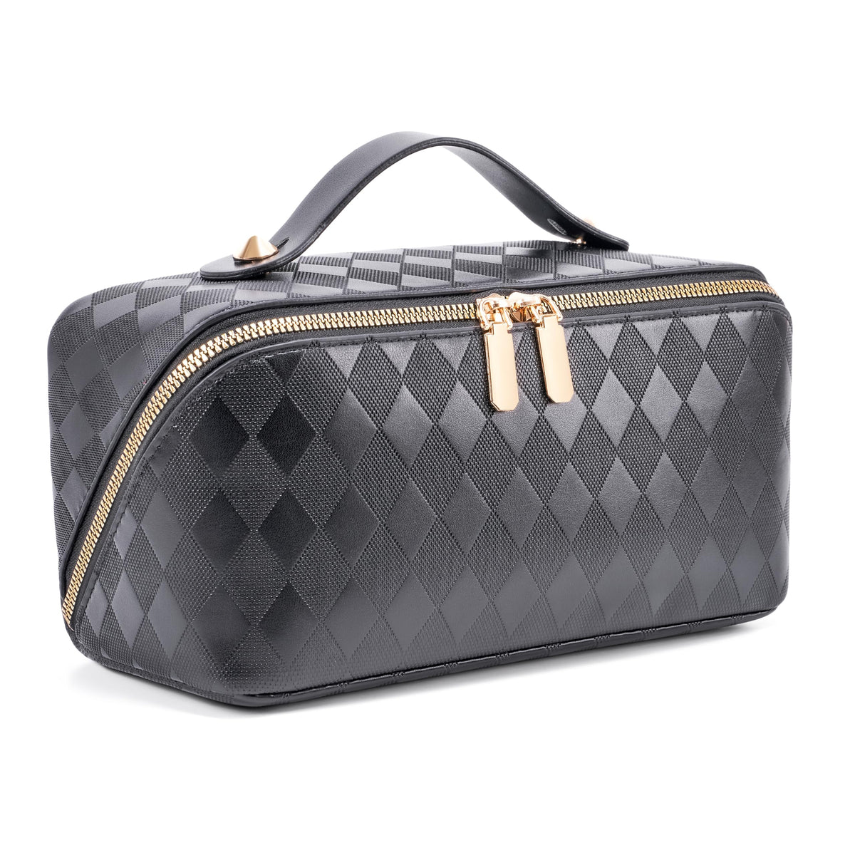 ALEXTINA Travel Makeup Bag, Checkered PU Leather Cosmetic Bag, Black