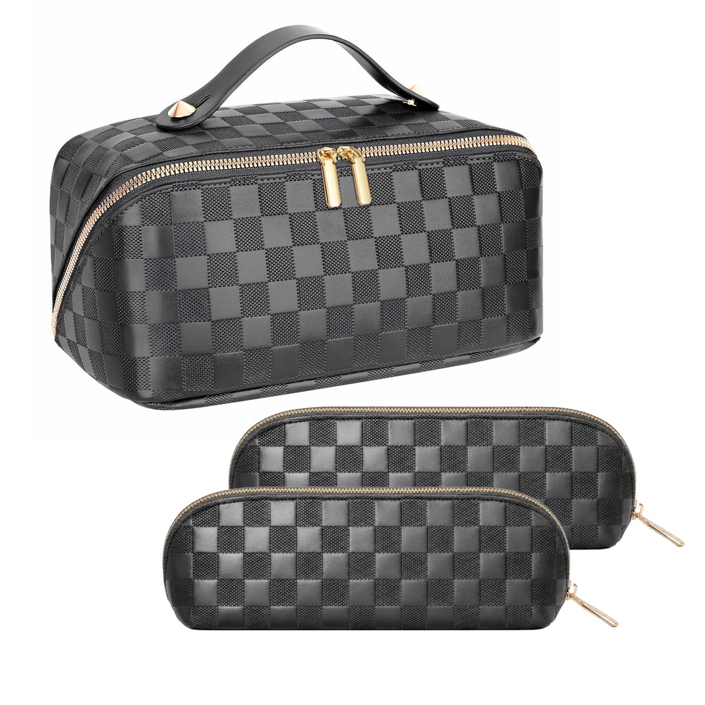 ALEXTINA Travel Makeup Bag, Checkered PU Leather Cosmetic Bag, Black