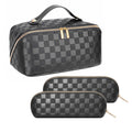 ALEXTINA Travel Makeup Bag, Checkered PU Leather Cosmetic Bag, Black