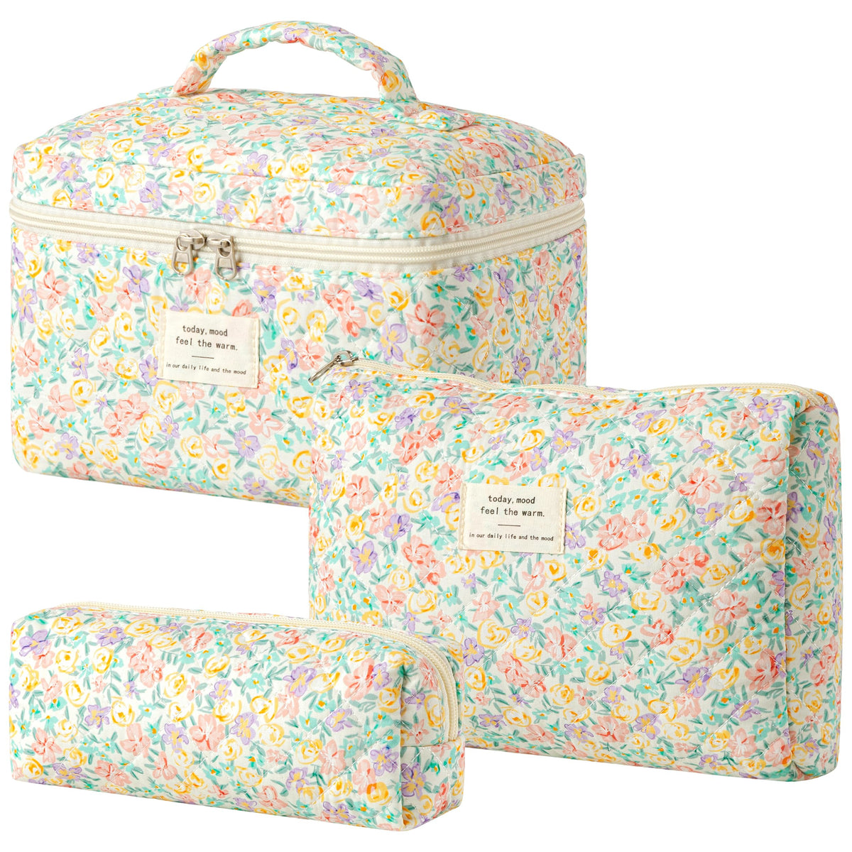 HBselect Quilted Makeup Bag, 3Pcs Cotton Large Travel Makeup Bags Organizer