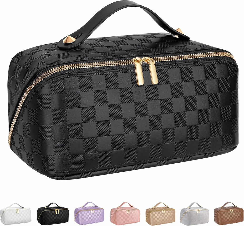 ALEXTINA Travel Makeup Bag, Checkered PU Leather Cosmetic Bag, Black