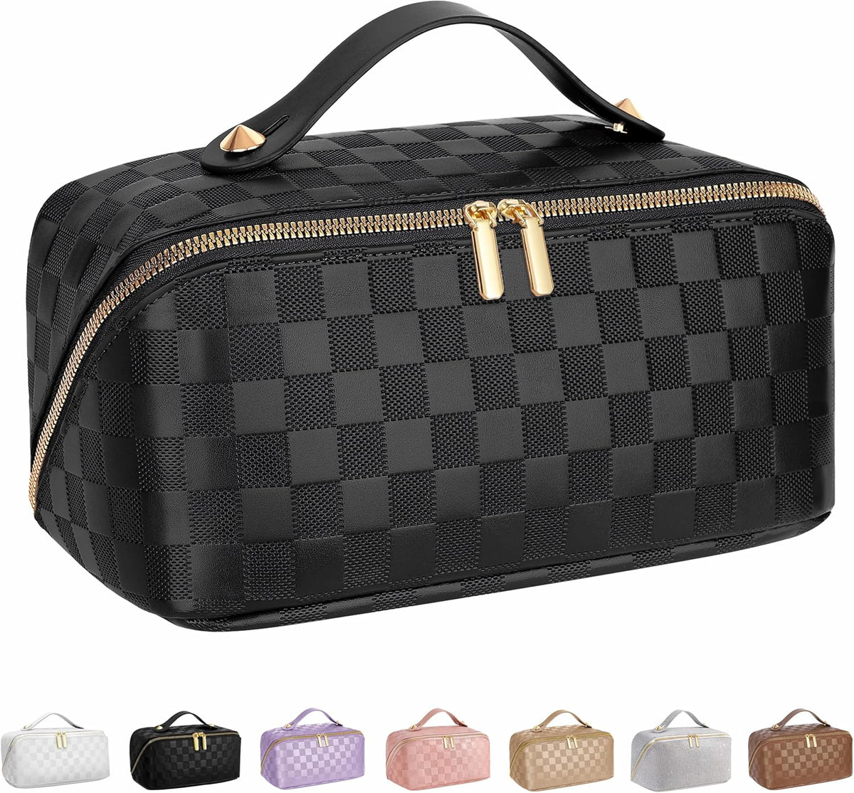 ALEXTINA Travel Makeup Bag, Checkered PU Leather Cosmetic Bag, Black