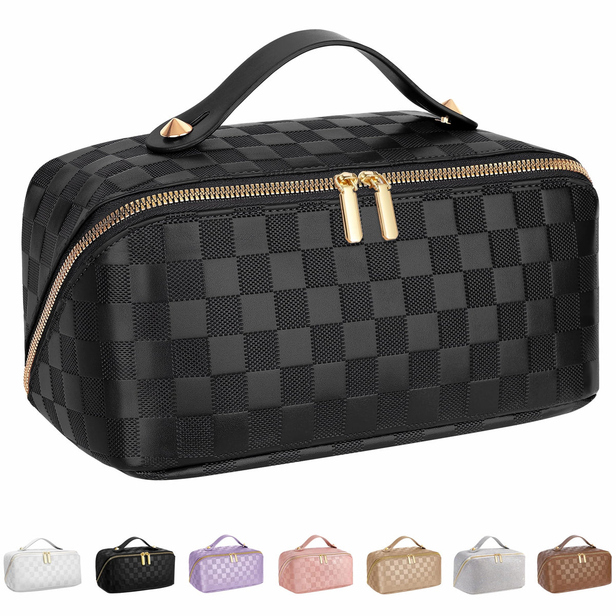 ALEXTINA Travel Makeup Bag, Checkered PU Leather Cosmetic Bag, Black