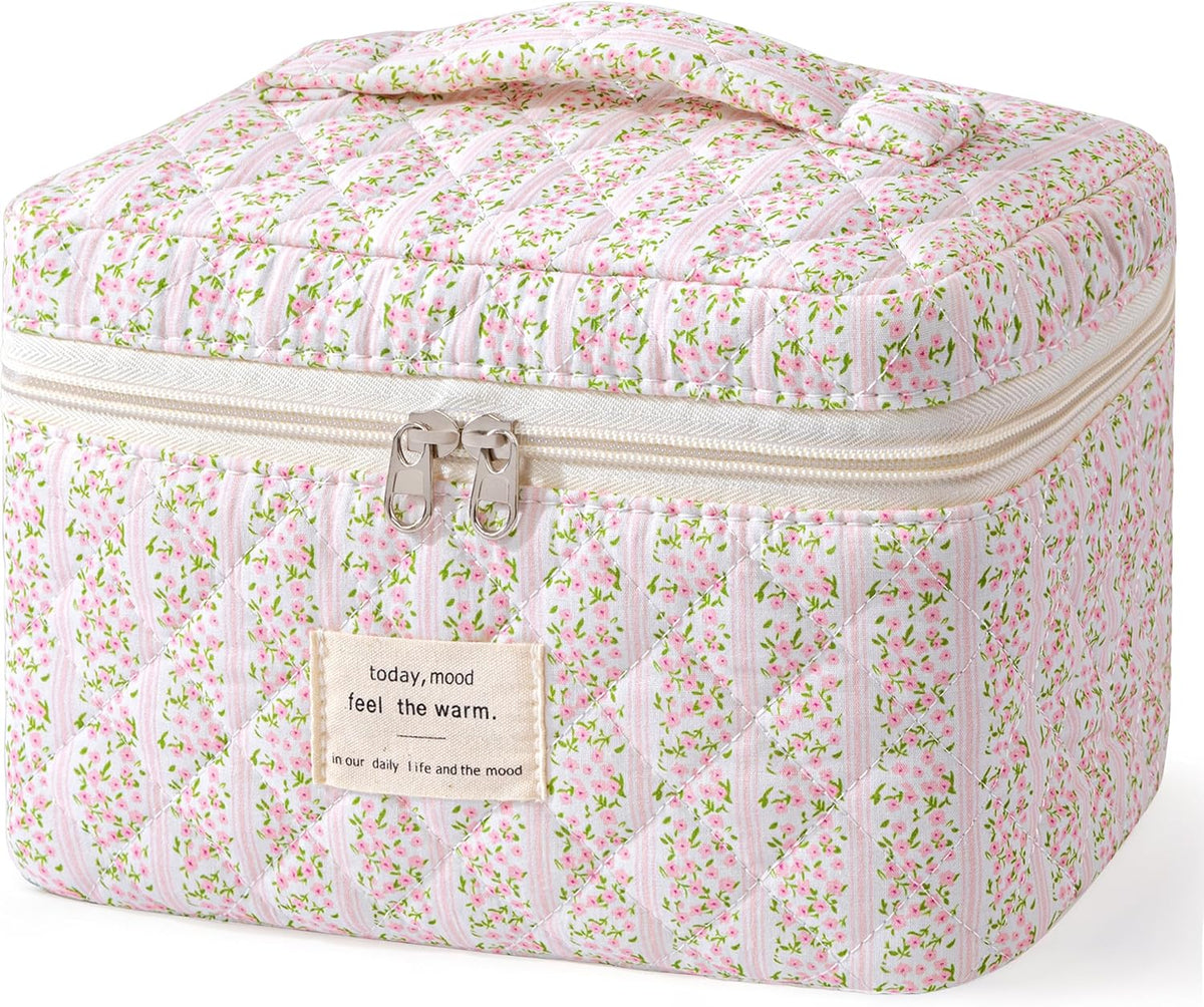 HBselect Large Quilted Makeup Bag for Women Cute Cotton Travel Cosmetic Bag