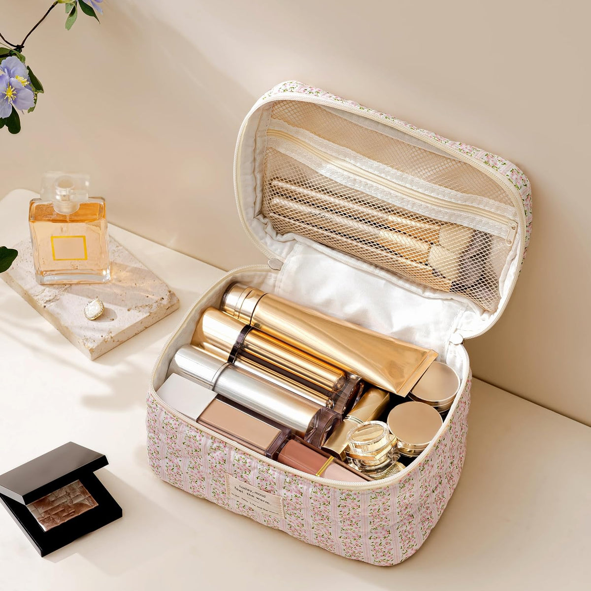 HBselect Large Quilted Makeup Bag for Women Cute Cotton Travel Cosmetic Bag