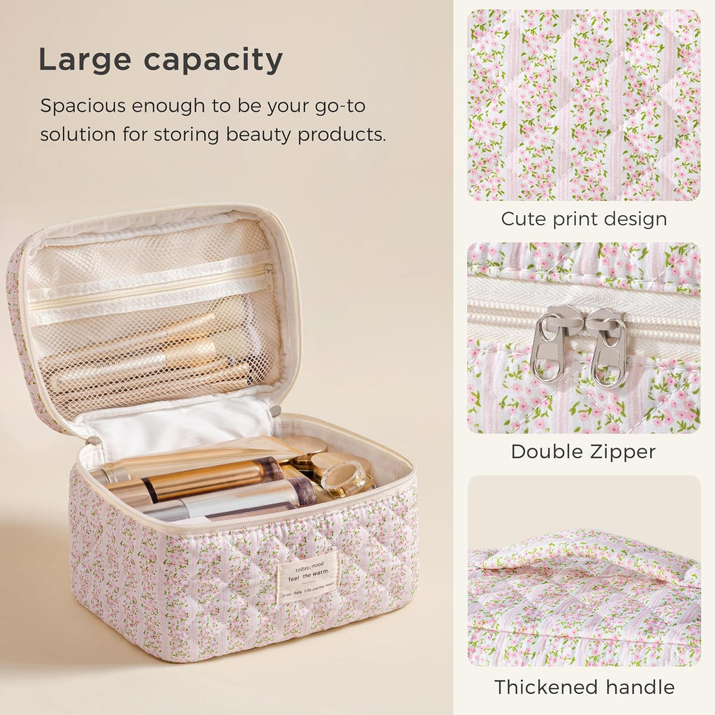 HBselect Large Quilted Makeup Bag for Women Cute Cotton Travel Cosmetic Bag