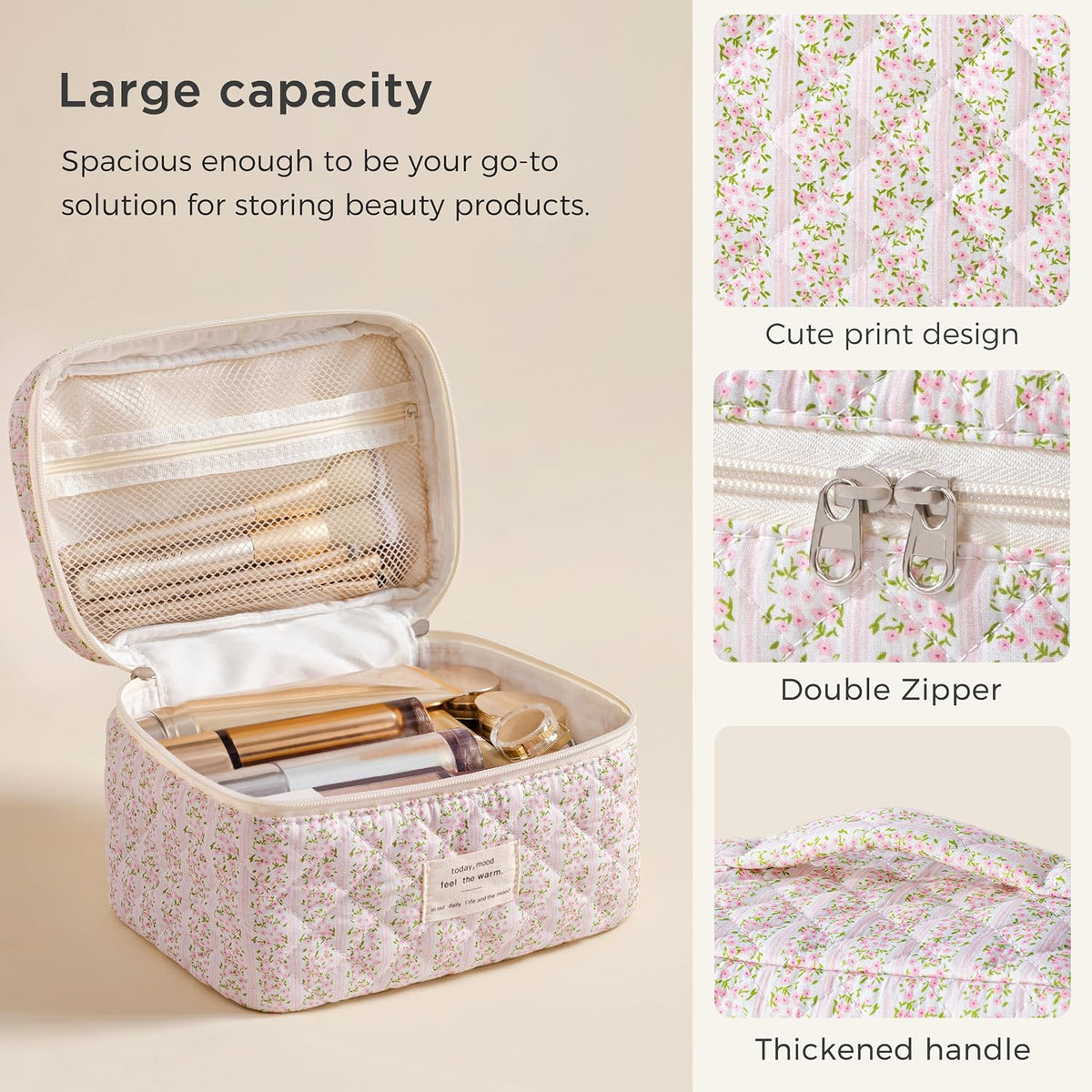 HBselect Large Quilted Makeup Bag for Women Cute Cotton Travel Cosmetic Bag