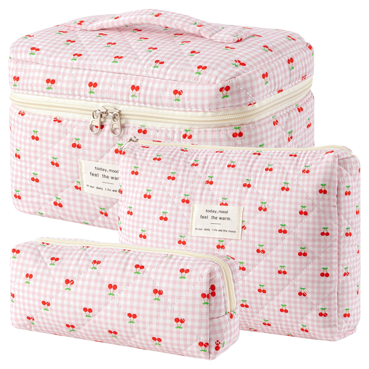 HBselect Quilted Makeup Bag, 3Pcs Cotton Large Travel Makeup Bags Organizer