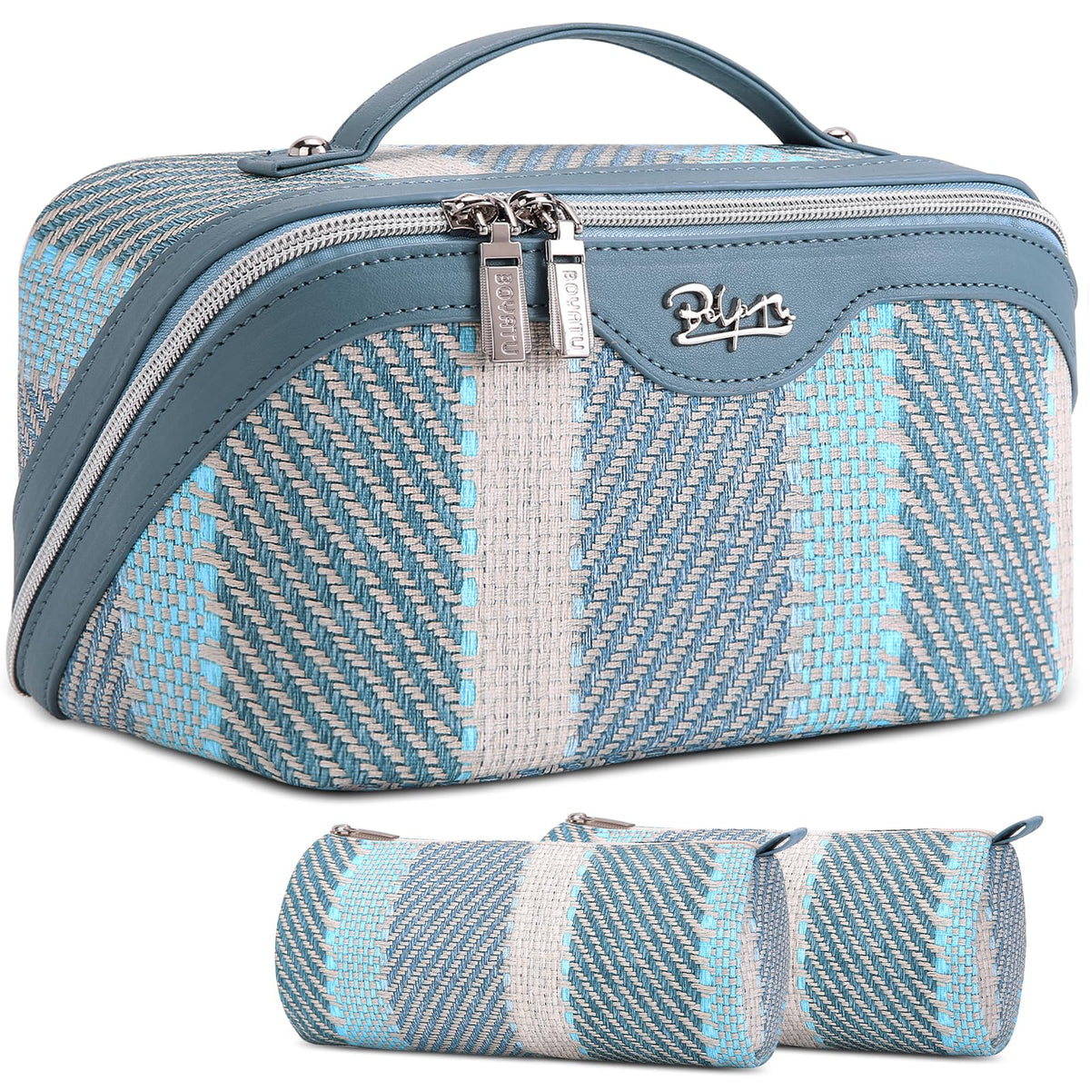 BOYATU Travel Makeup Bag for Women: 3 Pcs Set Striped Make up Bag,Blue