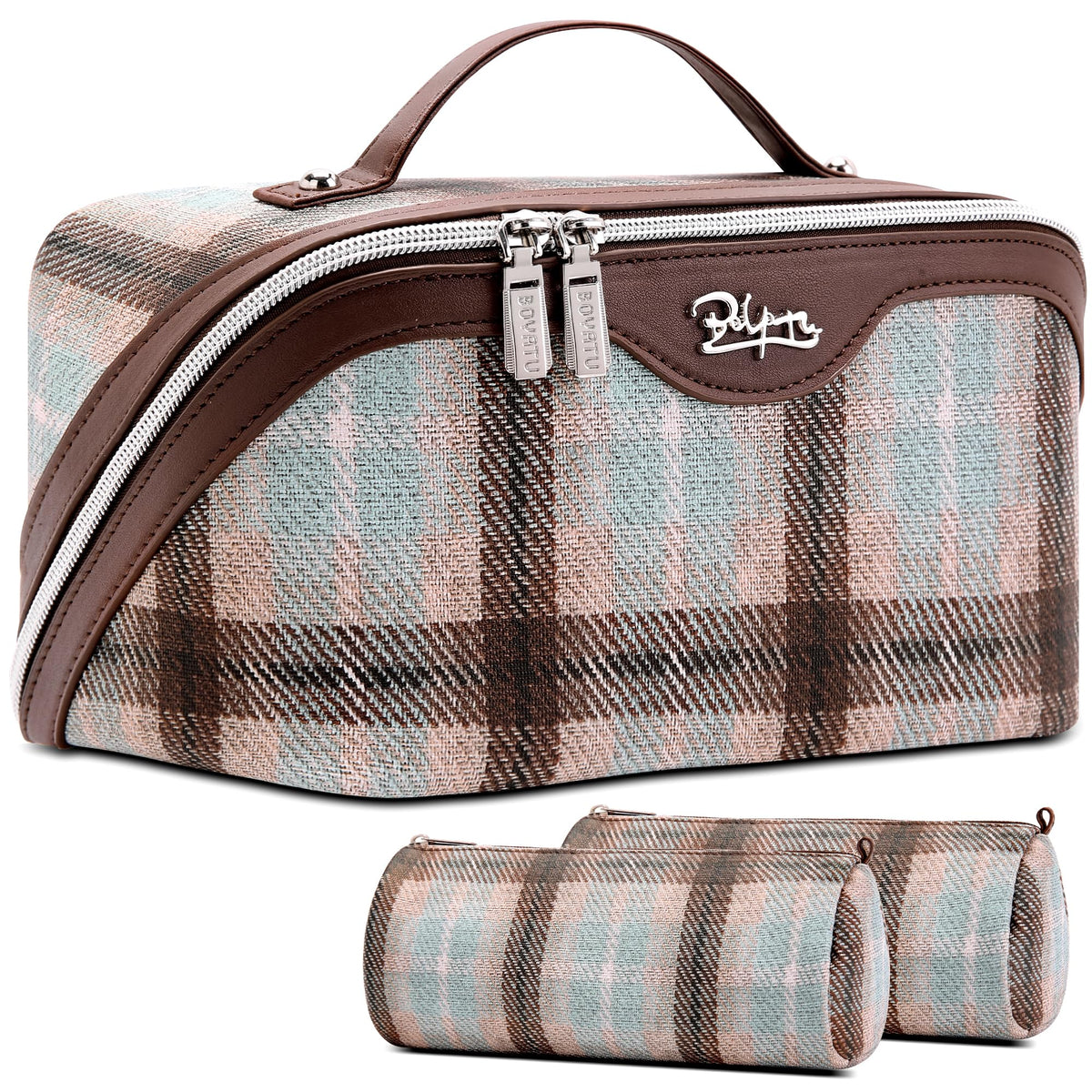 BOYATU Travel Makeup Bag for Women: 3 Pcs Set Striped Make up Bag,Blue