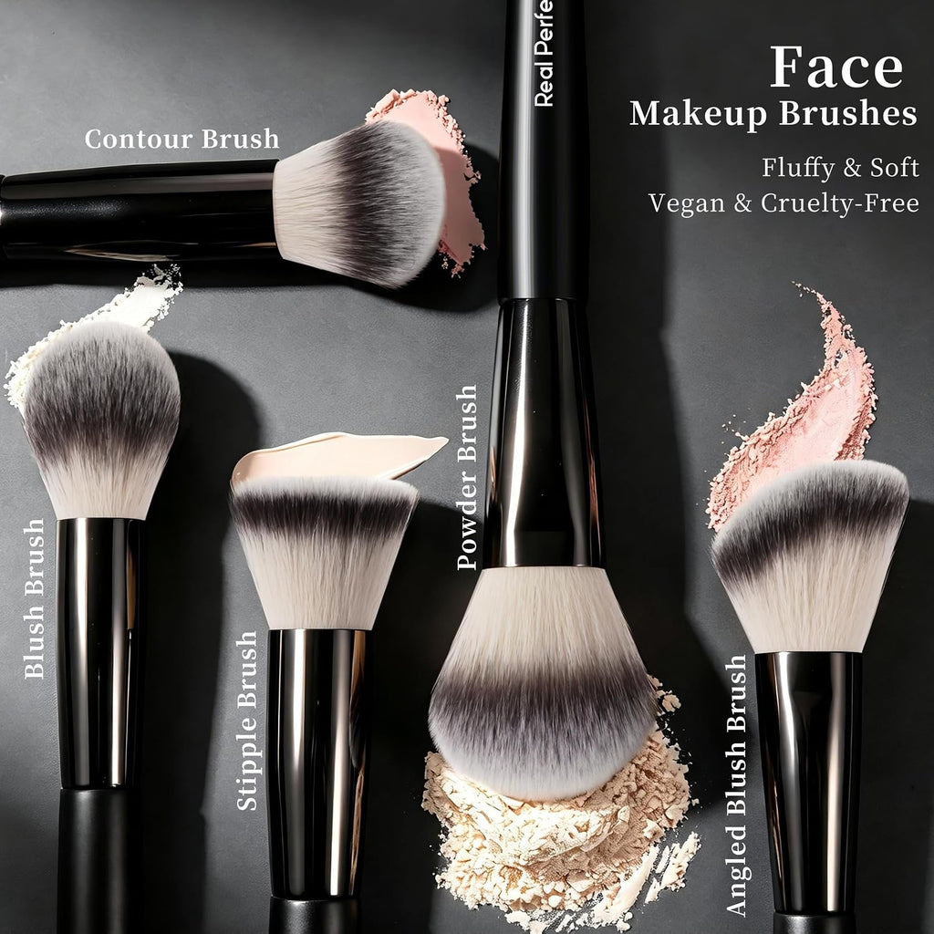 Real Perfection Makeup Brushes Set 14 Pcs with 1 Foldable Silicone Cleaner Bowl and 1 Powder Puff, Professional Foundation Eyeshadow Concealer Blush Powder Bronzer Make up Brushes Kit - Black